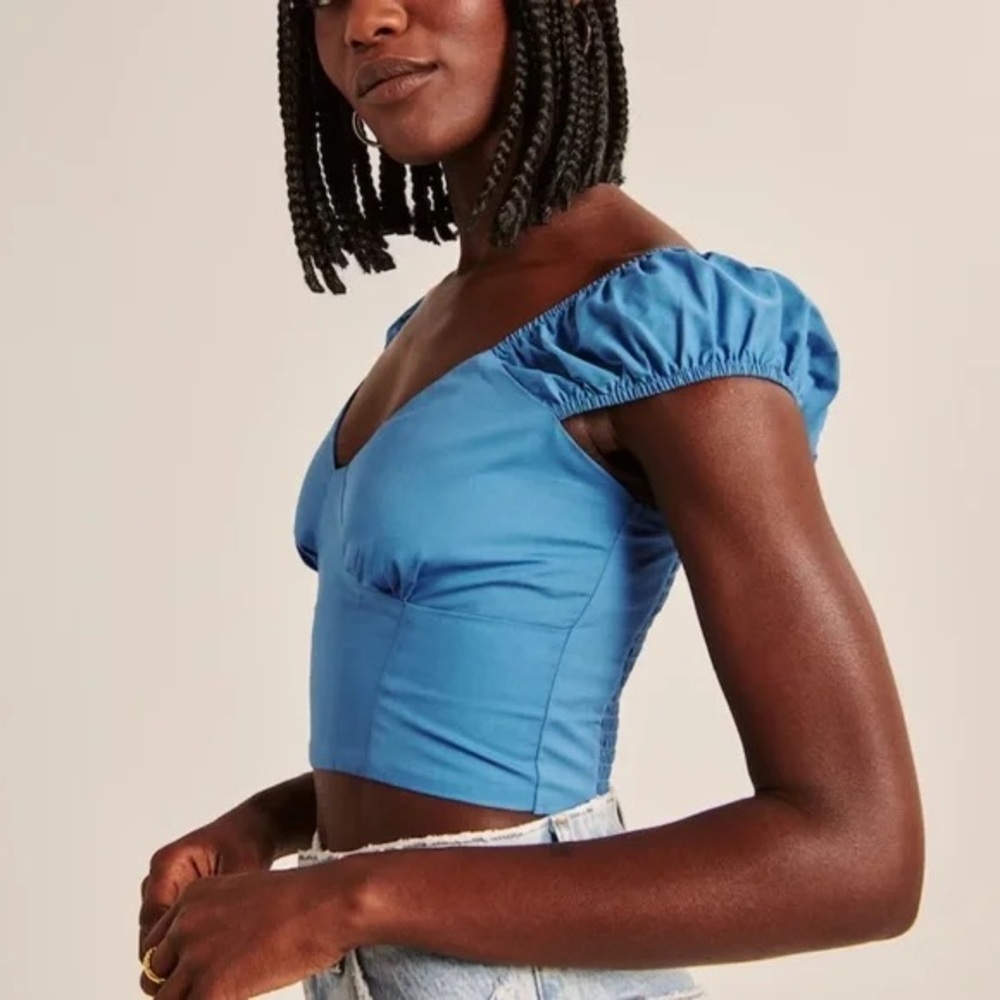 Abercrombie & Fitch Cap Sleeve Poplin Crop Top Women’s Small Royal Blue Smocked - Picture 2 of 9